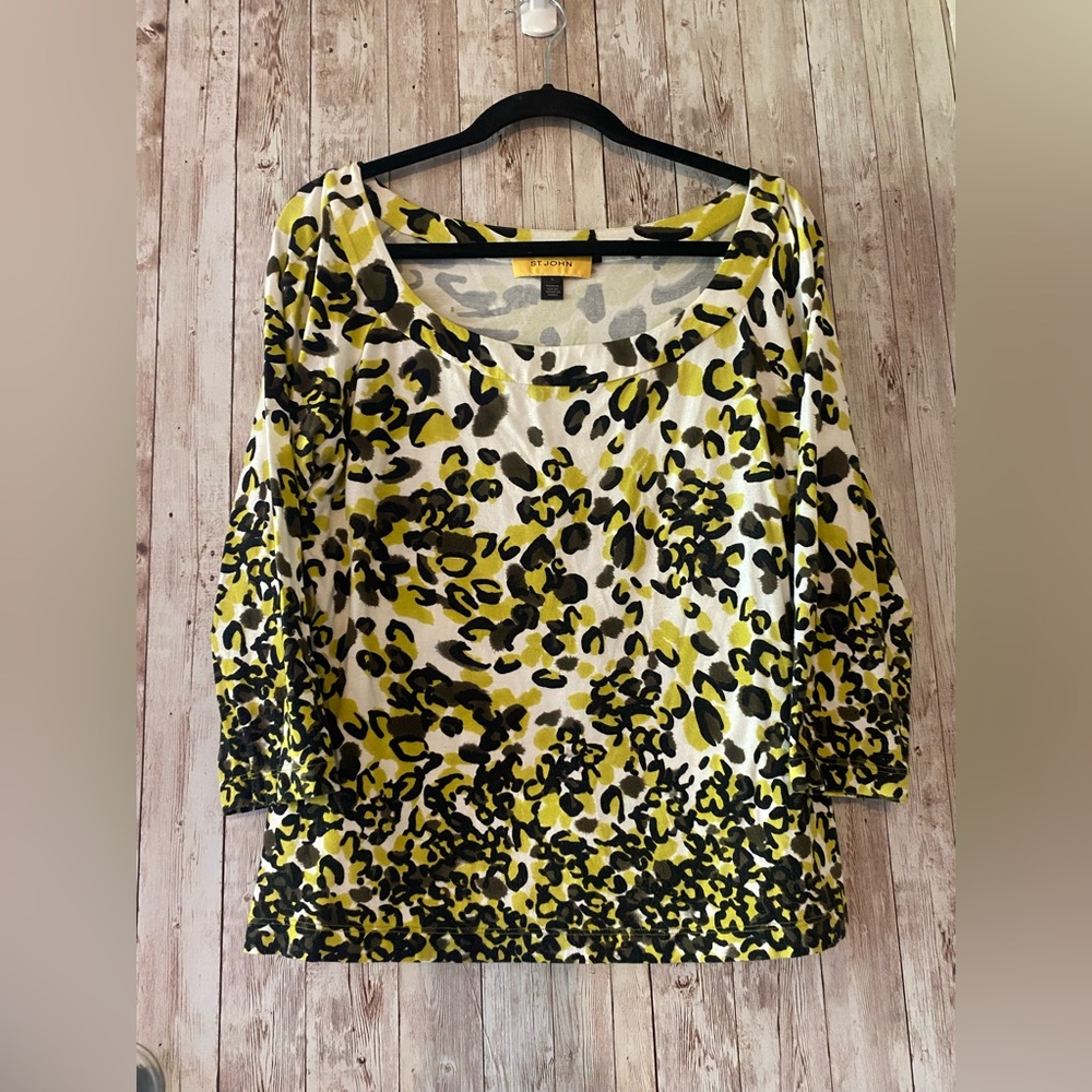 St. John leopard Print Blouse 3/4 sleeves top black yellow boatneck soft Large